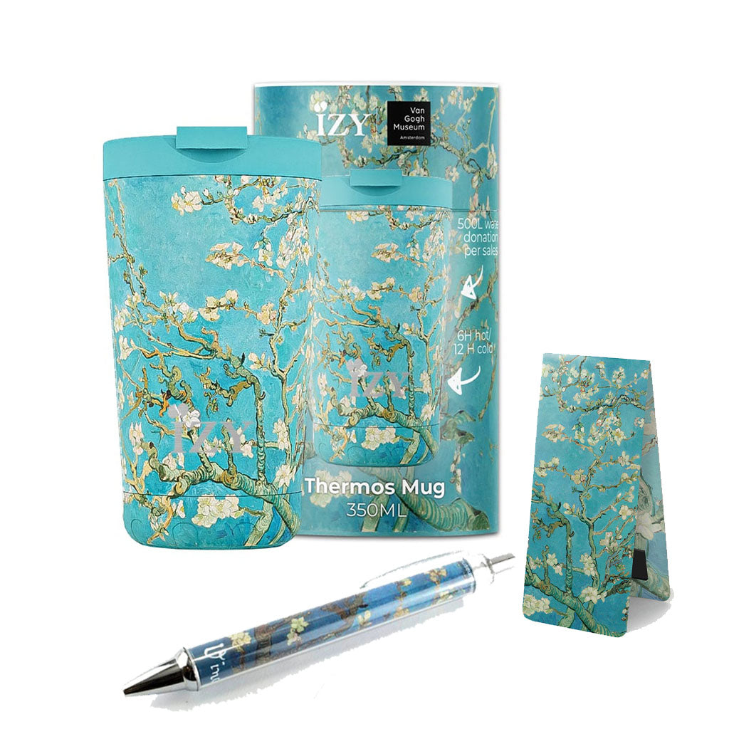 "Shop our Van Gogh's Almond Blossom IZY Water Bottle Thermo Mug Set online! A perfect gift for loved ones or yourself. Includes Thermo IZY mug and a free almond blossom magnetic bookmark. Limited stock, shop now!"