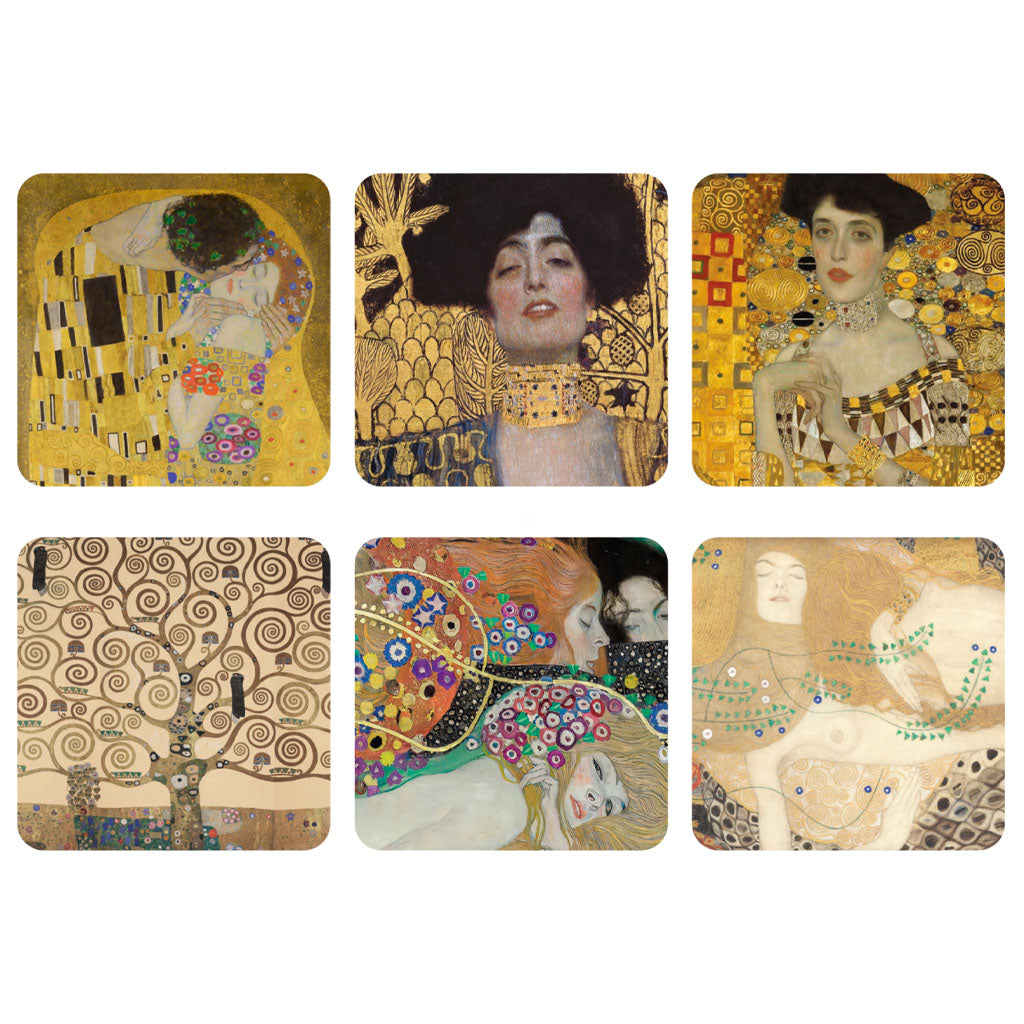 Shop now! Set of 6 coasters of Masterpieces by Gustav Klimt Easy to clean, coasters with a cork coating on the underside, heat-resistant laminate surface, presented in a transparent packaging. Worldwide Shipping!