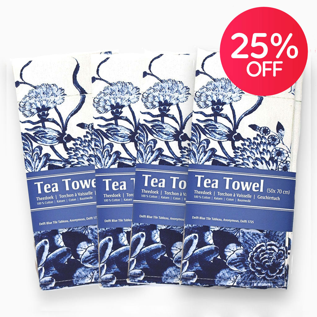 Shop now online for a 25% discount on our Dutch Delft Blue Tea Towel Set of  four, with one free - all from the Rijksmuseum collection Amsterdam. Crafted from 100% cotton, indulge in luxury and quality. A beautiful gift for your Loved Ones, friends or yourself! Worldwide Shipping!