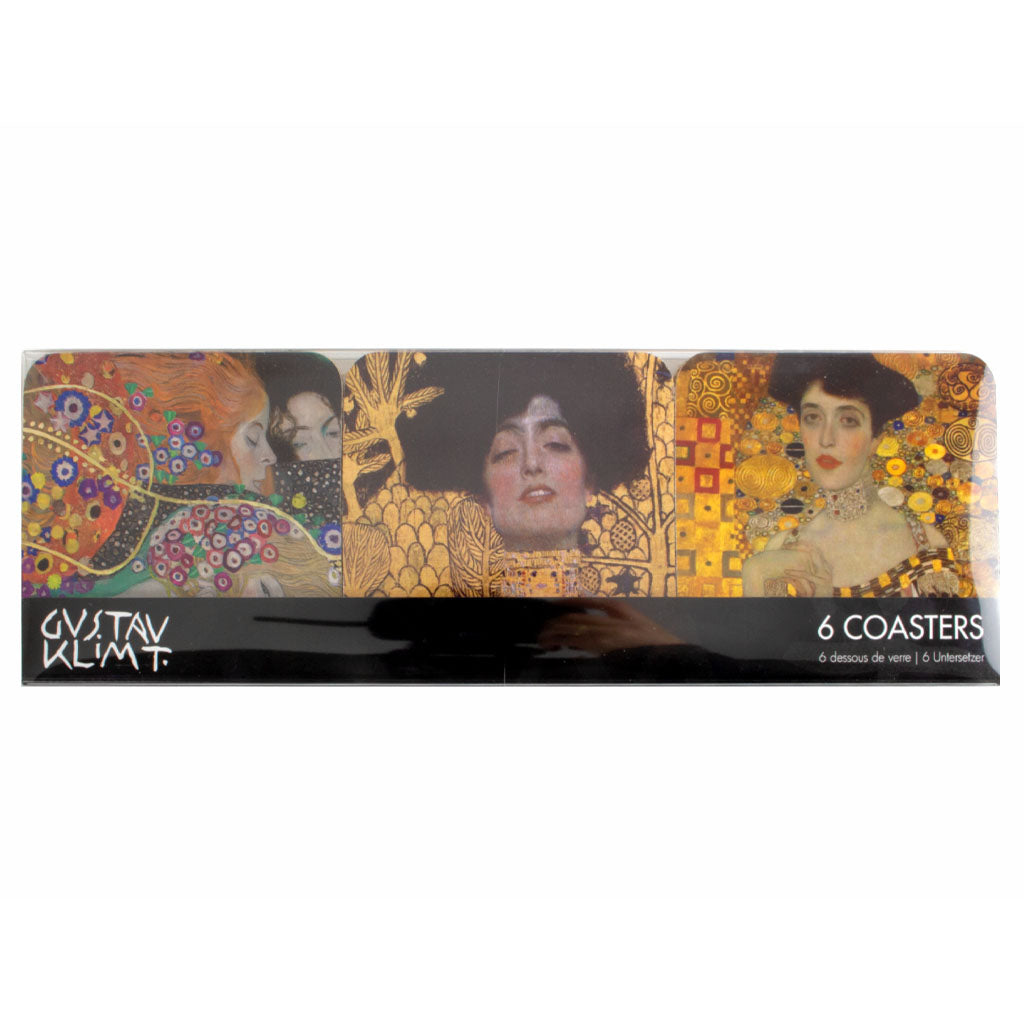 Shop now! Set of 6 coasters of Masterpieces by Gustav Klimt Easy to clean, coasters with a cork coating on the underside, heat-resistant laminate surface, presented in a transparent packaging. Worldwide Shipping!