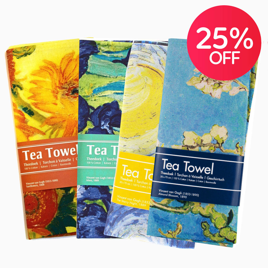 Shop now online for a 25% discount on our Van Gogh Tea Towel Set of  four, with one free - all from the Van Gogh collection Amsterdam. Crafted from 100% cotton, indulge in luxury and quality. A beautiful gift for your Loved Ones, friends or yourself! Worldwide Shipping!